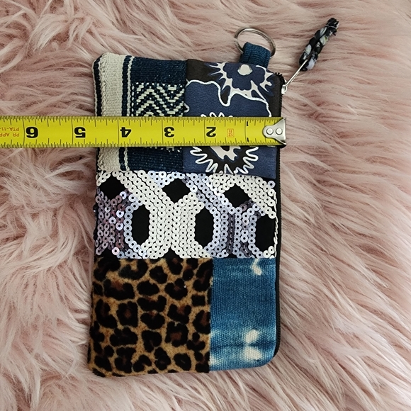Candie Cooper fabric denim & sequin patchwork zipper pouch clutch purse - Picture 2 of 10